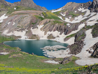 melting snow, melting glaciers and global warming in the lake. Lake and natural landscape in...