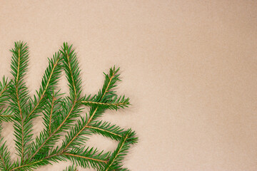 Traditional green christmas tree noble fir border frame on craft paper background with copy space.