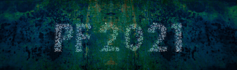 Fototapeta na wymiar Happy new year 2021 card design. Happy new year 2021. Glowing font on an abstract green background. Coronavirus themed font. Holiday glowing illustration. Covid 19 happy new year theme. PF 2021. 