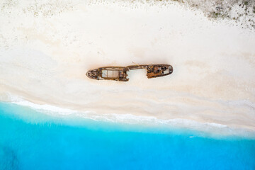 Zakynthos island Greece shipwreck Navagio beach travel vacation background drone view aerial photo