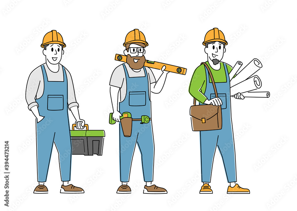 Poster builder, engineer or foreman characters with tools and blueprint. architects with house plan, archit