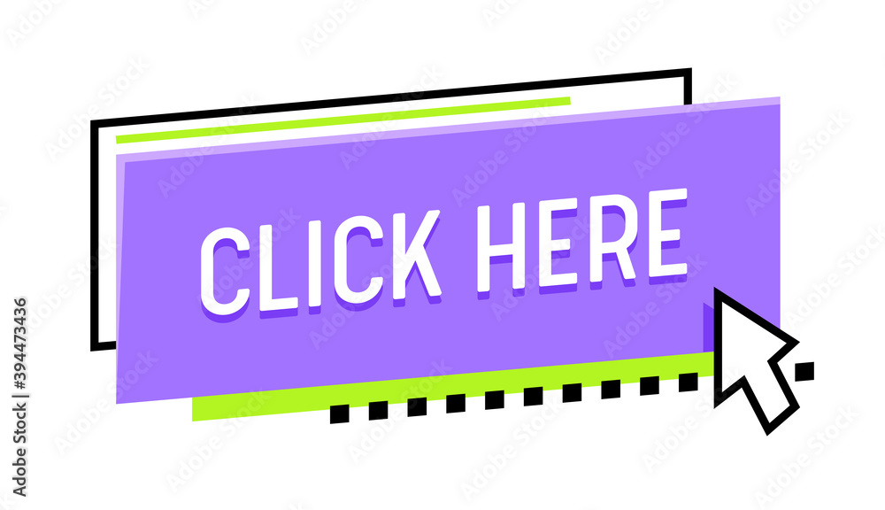 Poster click here banner with mouse pointer and abstract shapes. internet promotion, button to enter on web