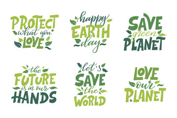 Set of eco quotes. Ecology theme template with lettering. Phase about lifestyle, planet for poster, banner, card design. Vector illustration