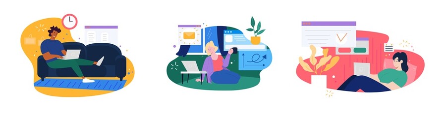 Set of freelance people work in comfortable conditions