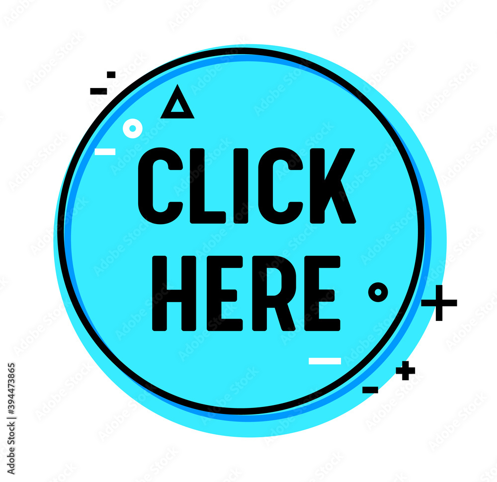 Poster click here round icon or banner for internet promotion, button for website clicking enter on web pag