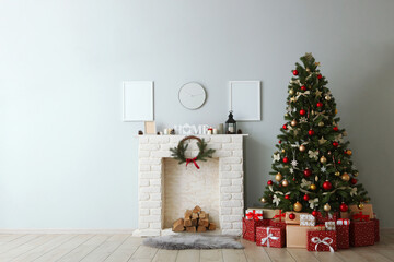 Beautiful interior decorated for Christmas or New Year. Christmas tree and gifts. Place for text