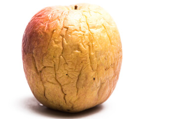 Obraz premium Shriveled yellow and red apple with deep wrinkles on white background. Concept of aging.