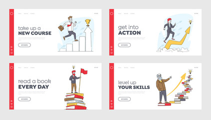 Characters Developing Mind, Self Development or Education Landing Page Template Set. Business People Climbing on Chart