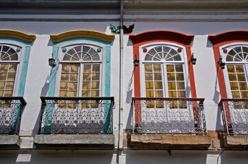 Colonial balconies on facade in Sao Joao del Rei, Brazil