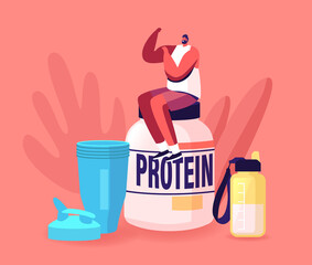 Tiny Sportsman Character Demonstrate Muscles Sit on Huge Protein Cocktail Jar and Shaker in Gym. Sportive Nutrition