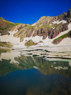 View of a lake in mountains. Hakkari cilo sat lakes, snowy mountains and natural scenery
