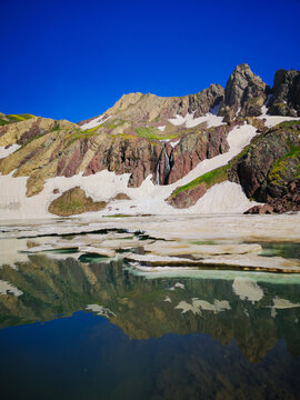 View of a lake in mountains. Hakkari cilo sat lakes, snowy mountains and natural scenery
