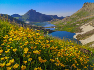 View of a lake in mountains. Hakkari cilo sat lakes, snowy mountains and natural scenery
