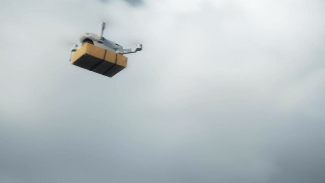 flying on a sky delivery drone with holding a .cardboard parcel