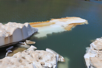 melting snow, melting glaciers and global warming in the lake. Lake and natural landscape in mountains
