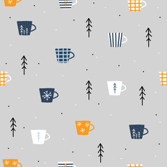 Seamless pattern with cups and trees. Winter holiday print. Vector hand drawn illustration.