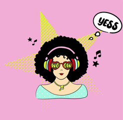 Young woman with afro hairstyle, wear heart glasses and headphones listening to the music. pop art. vector illustration.