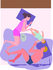 Cute family sleeping with their cat. Baby, mother, father and the cat are sleeping. Flat cartoon colorful vector illustration.