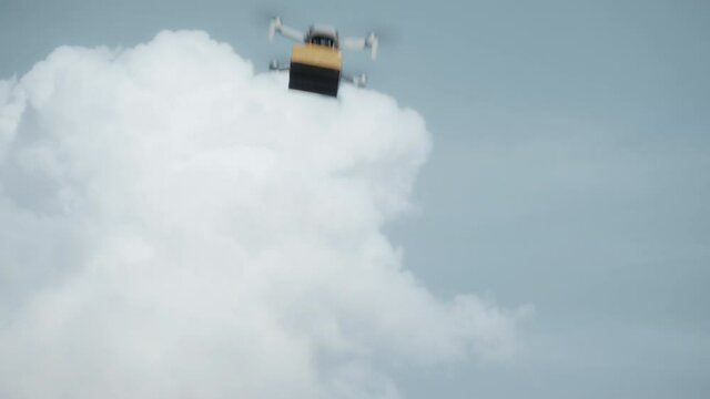 flying on a sky delivery drone with holding a .cardboard parcel