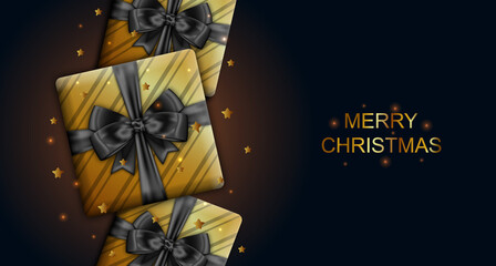 Gift Boxes with Black Bows for Merry Christmas, Dark Glittering Banner
