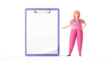 3d render. Woman doctor cartoon character stands near the big clipboard with white paper. Clip art isolated on white background. Professional medical consultation. Prescription blank mockup. - obrazy, fototapety, plakaty