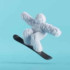 3d render, white hairy yeti makes tricks on snowboard. Winter sports concept. Furry bigfoot cartoon character, scary monster isolated on mint blue background, active pose - obrazy, fototapety, plakaty