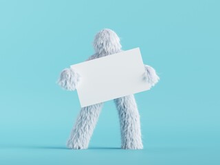 3d render, white hairy yeti holds blank card mockup, furry bigfoot toy with empty banner, funny winter monster cartoon character isolated on mint blue background, standing pose - obrazy, fototapety, plakaty
