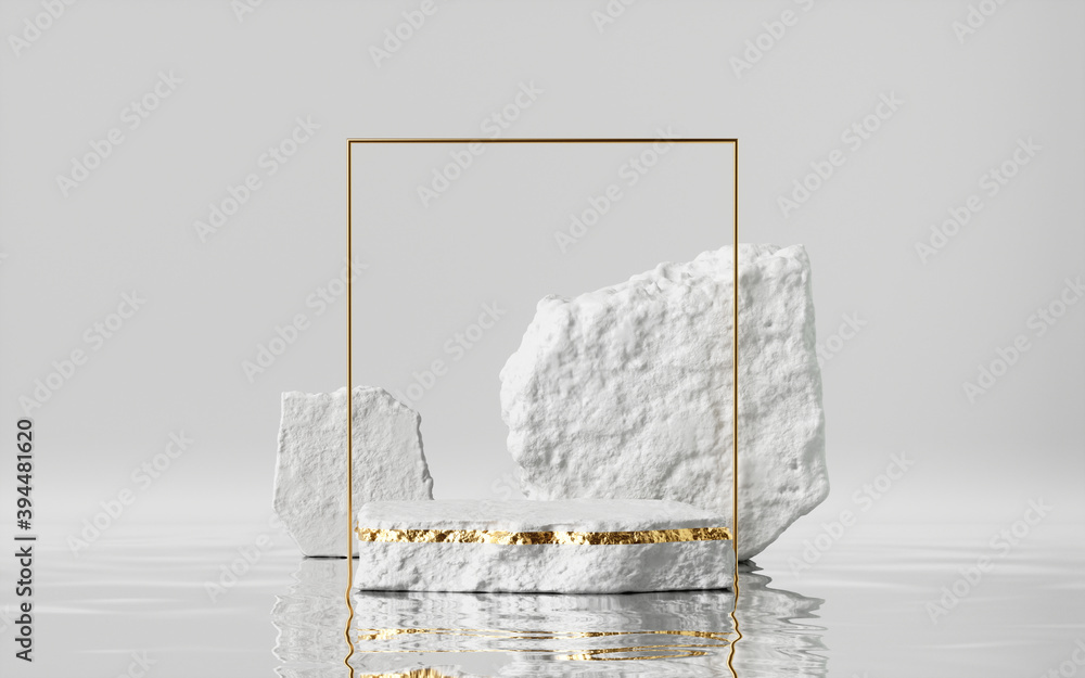 Poster 3d render, abstract modern minimal background with golden square frame, white cobble and reflection 
