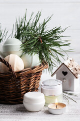 Bath bombs in basket in Christmas SPA composition