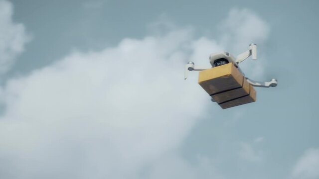 flying on a sky delivery drone with holding a .cardboard parcel