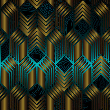Seamless expressive art deco pattern with 3d illusion, consisting of rhombuses and picturesque bionic texture. Template for packaging, printing on fabric.