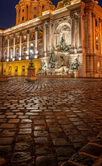 Fountain at night in the Royal Castle, Budapest