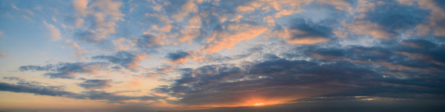 Dawn sky, sunbeams and dreams, morning panorama.