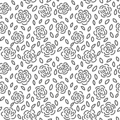 Abstract seamless pattern. Simple repeating illustration. Linear drawing with roses and leaves. Black lines on white background. Vector endless texture for wrapping paper, textile, wallpaper, fabric.