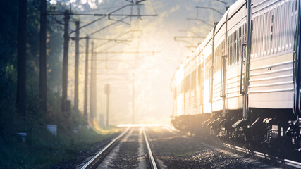 Plakat Big passenger train at dawn, selective focus