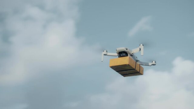 flying on a sky delivery drone with holding a .cardboard parcel