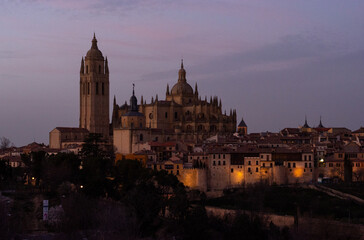 Beautiful view of Segovia Cathedral in Spain during nighttime