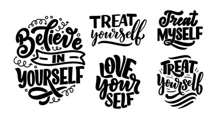 Obraz premium Set with selfcare lettering quotes for blog or sale. Time to something nice. Beauty, body care, premium cosmetics, delicious, ego. Modern calligraphy. Vector design prints