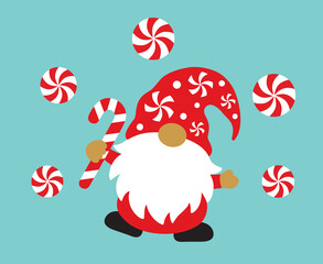 Cute holiday Christmas gnome holding a peppermint candy cane vector illustration.
