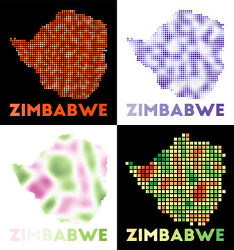Zimbabwe map. Collection of maps of Zimbabwe in dotted style. Borders of the country filled with rectangles for your design. Vector illustration.