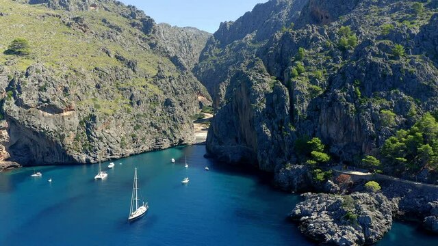 Aerial view Flight at Sa Calobra, Torrent de Pareis gorge, Serra de Tramuntana, Mallorca, Balearic Islands, Spain,