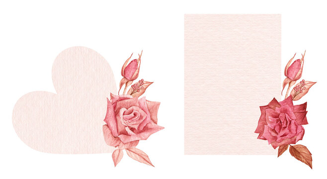 The set of two valentine cards templates. Watercolor hand-drawn compositions of roses and leaves with the paper texture light backgrounds. Isolated on white. 