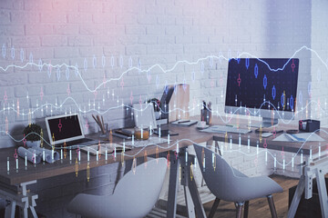 Multi exposure of stock market chart drawing and office interior background. Concept of financial analysis.