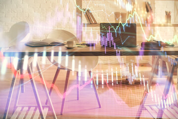 Multi exposure of stock market chart drawing and office interior background. Concept of financial analysis.