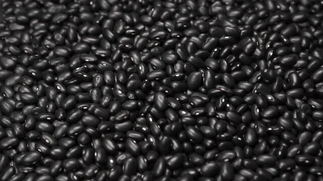 Black beans are slowly falling into a pile of legumes close-up. Slow motion. Close-up. Abstract dark pattern