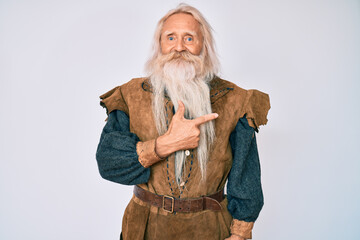 Old senior man with grey hair and long beard wearing viking traditional costume cheerful with a...