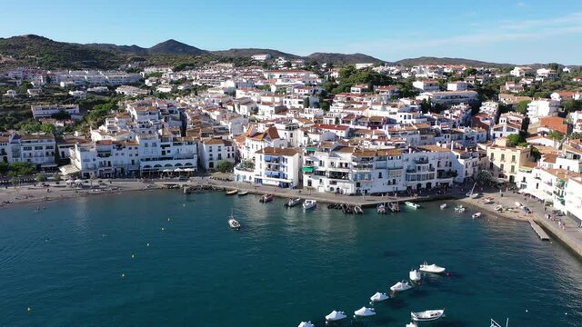Scenic view from drone of Spanish town of Cadaques, Catalonia