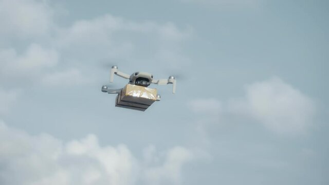 flying on a sky delivery drone with holding a .cardboard parcel
