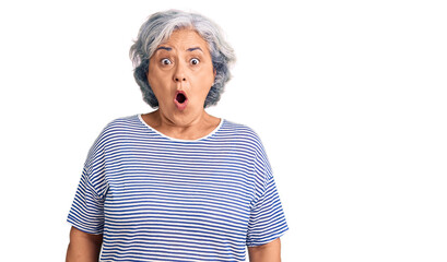 Senior woman with gray hair wearing casual striped clothes afraid and shocked with surprise expression, fear and excited face.