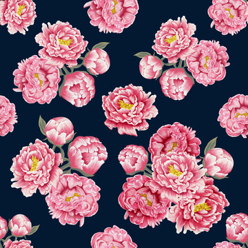 Seamless pattern beautiful pink Paeonia flowers abstract background.Illustration hand drawing iol painting.